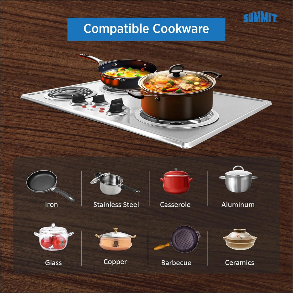 Summit 30' 4 Burner Electric Cooktop, 230 Volt Coil Electric Cooktop, ADA compliant, Stainless Steel- CR430SS