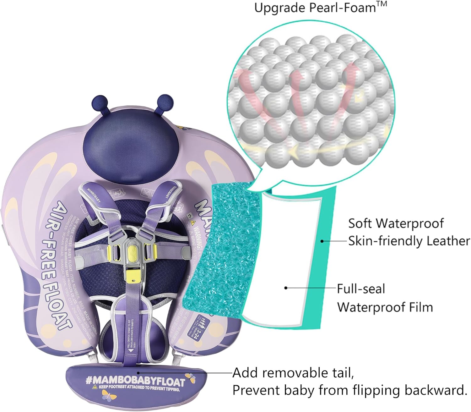 Mambobaby Float Upgrade Add Tail Baby Float with Canopy for Infant Waist Swimming Ring Swim Trainer Non-Inflatable Floats Toys with Adjustable Safety Strap (Purple - Butterfly)