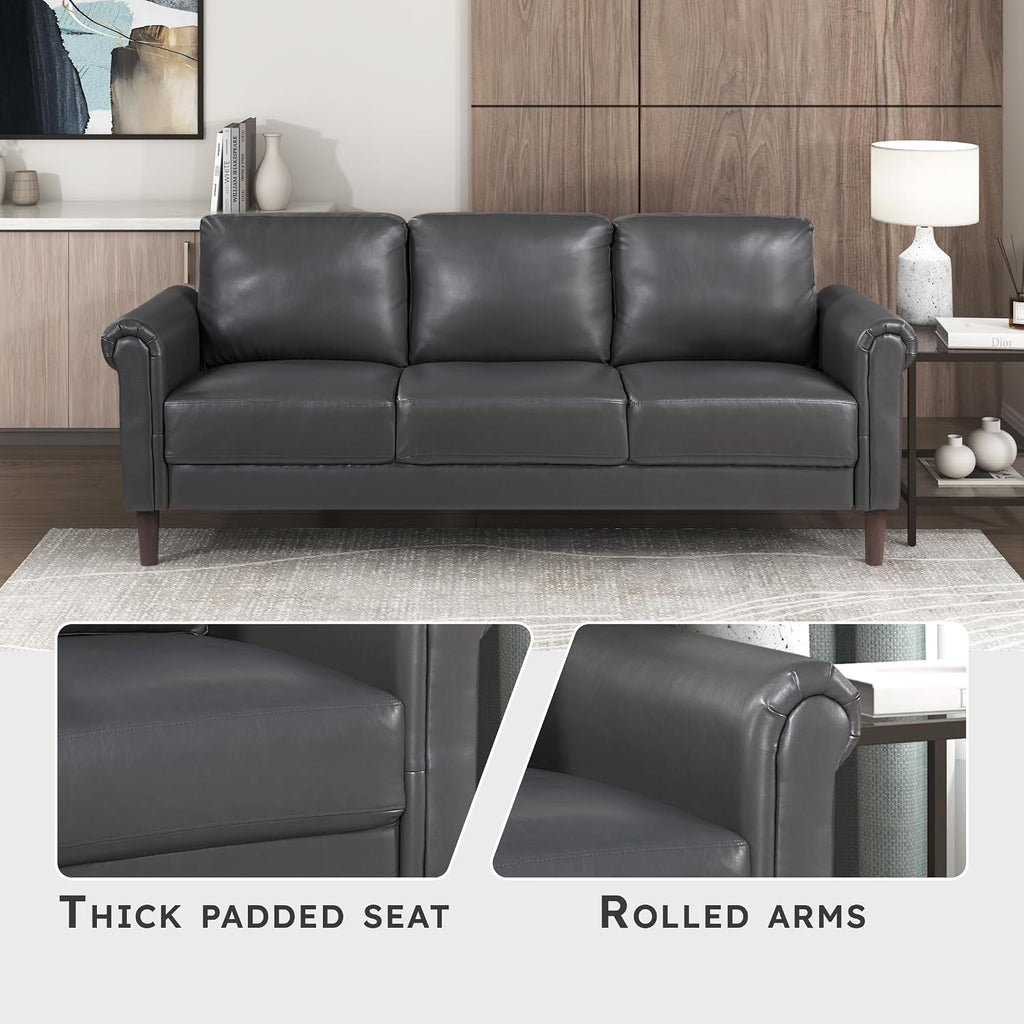 Lexicon 79' W Sofa Couch, Faux Leather Upholstered 3-Seater with Rolled Arms & Wood-Look Feet, Pocket Coil Support, Traditional Living Room, Office or Waiting Room Seating - Dark Gray