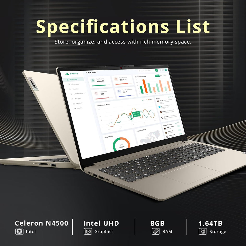Lenovo IdeaPad 1 15.6' HD Business Laptop, Intel Celeron N4500, 8GB RAM, 512GB SSD+128GB eMMC, Intel UHD Graphics, Number Pad, 1 Year Office 365, Wi-Fi 6, Win 11, Sand, 1TB Docking Station Set