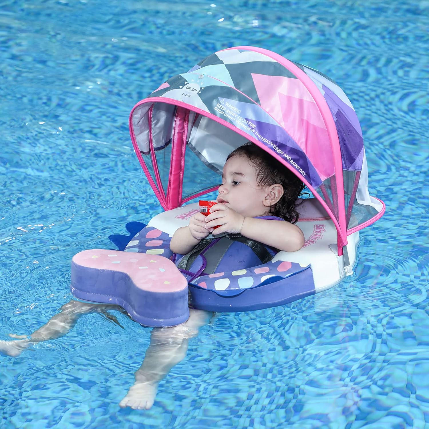 Mambobaby Float Upgrade Add Tail Baby Float with Canopy for Infant Waist Swimming Ring Swim Trainer Non-Inflatable Floats Toys with Adjustable Safety Strap (Blue - Colorful Fish)