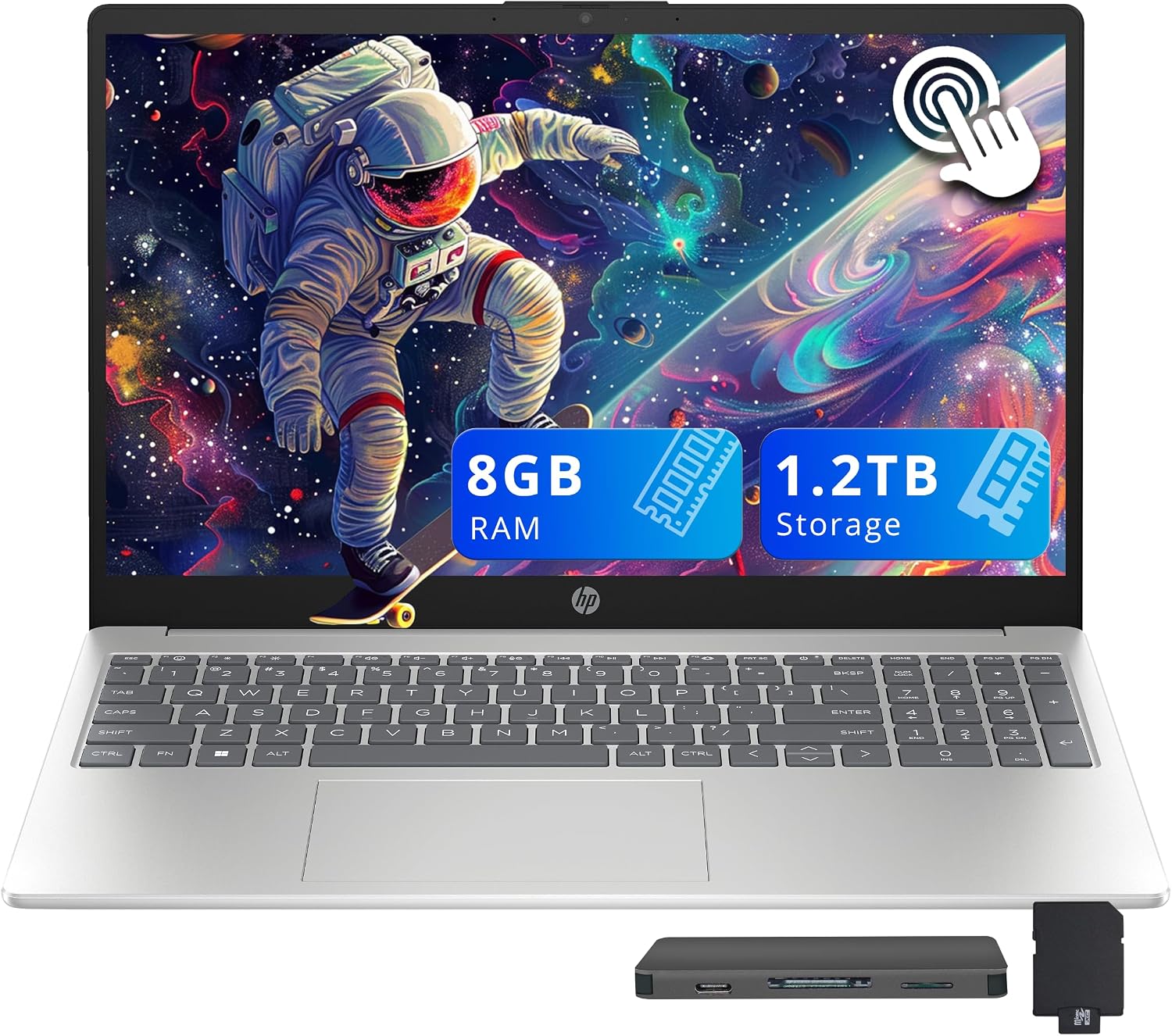 HP 15.6' HD Touchscreen Laptop, Intel i3-1315U, 8GB RAM, 1.2GB Storage(256GB SSD + 1TB Docking Station Set), Intel UHD Graphics, Full Size Keyboard, HD Camera, Wi-Fi 6, Win 11, Silver