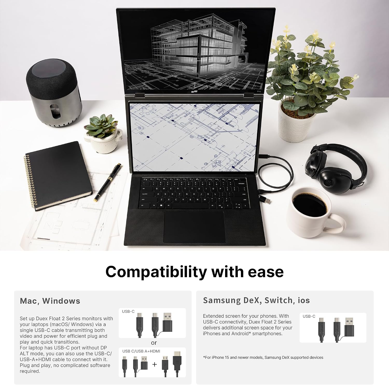 New Mobile Pixels Duex Float 2 Pro 2.5 K Portable Monitor, 16' Laptop Screen Extender (Built-in Kickstand), USB C/HDMI Stacked Monitor Extender with Dual Speakers, Windows, MacOS, Switch, Android