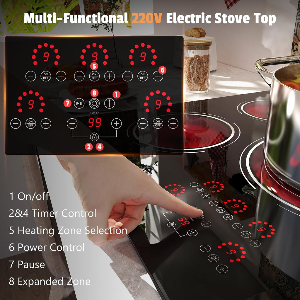 36 Inch Electric Cooktop - 9400W Powerful 5 Burner Electric Stove, 220V Built-in(34.25'x19.3') Ceramic Stove Top 36 Inches with Triple Ring, Timer, Safety Lock, Pause, 220V-240V Hard Wired