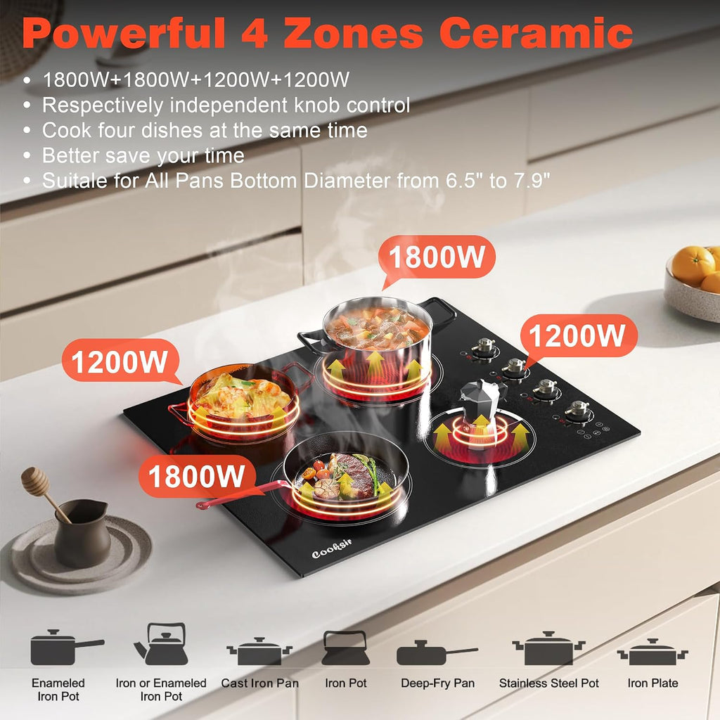 24 Inch Electric Cooktop - 4 Burner Built-in(22.05'x19.3') Glass Ceramic Stovetop 6000W, 220V Electric Stove Touch and Knob Control, Safety Lock, Pause, 99 Min Timer, 240V Hard Wire(No Plug)