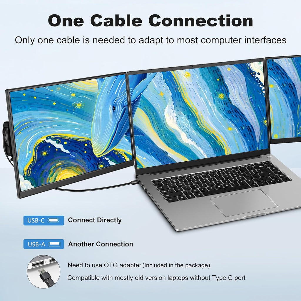 DEPGI 14' Laptop Screen Extender Built-in Cooler, 1200P FHD One Cable Connect Portable Triple Monitor, Dual Screen Monitor Fits 13'-17.3' Laptop with Stand for MacOS/Windows