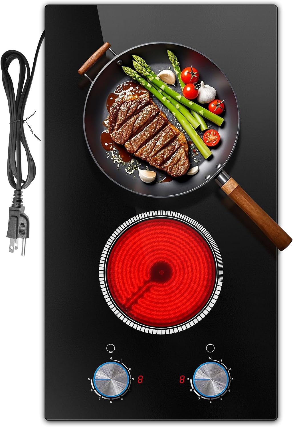 2 Burner Electric Cooktop, 12 Inch Electric Stove Top, 120V Stove Top Burner Knob Control, 2000W Countertop Stove with Timer, 9 Heating Levels, Overheat Protection, High-Temp Alarm Pladeca