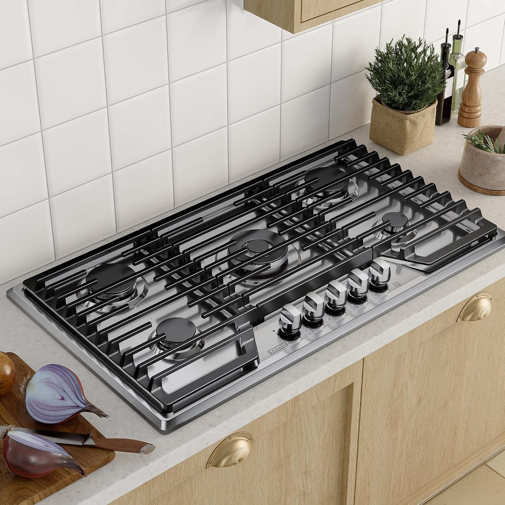 Empava 36 Inch Built-in Gas Cooktop with 5 Sealed SABAF Burners, Stainless Steel Surface, Ion Ignition, LPG/NG Convertible, Flame Failure Protection, Dishwasher Safe Grates