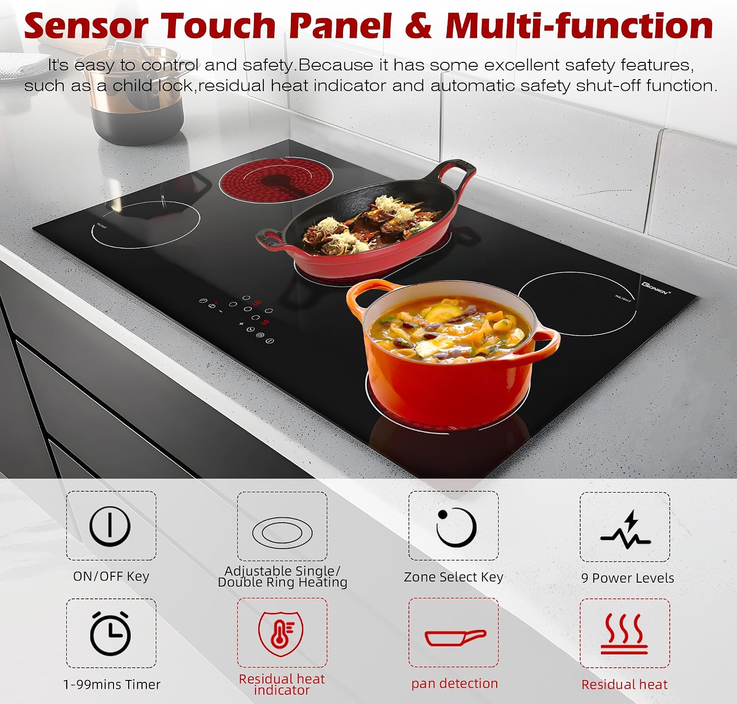 Electric Cooktop 36 Inch 5 Burners,220~240V,Built in Electric Stove Top,8400W Radiant Ceramic Cooktop with Hardwired,Touch Control,Child Lock,Dual-Ring Heating,Expandable Zones