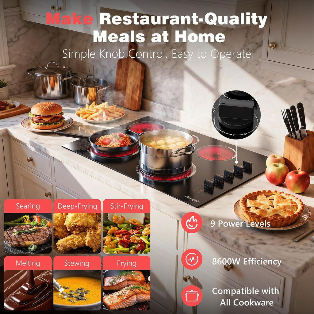 Upgraded 30 Inch Electric Cooktop 5 Burners - Powerful 8600W Built-in(29.13'x19.3') Electrical Stovetop, Electric Burner 30 In Knob Control, 99 MinsTimer, Safety Lock, 220-240V Hard Wire