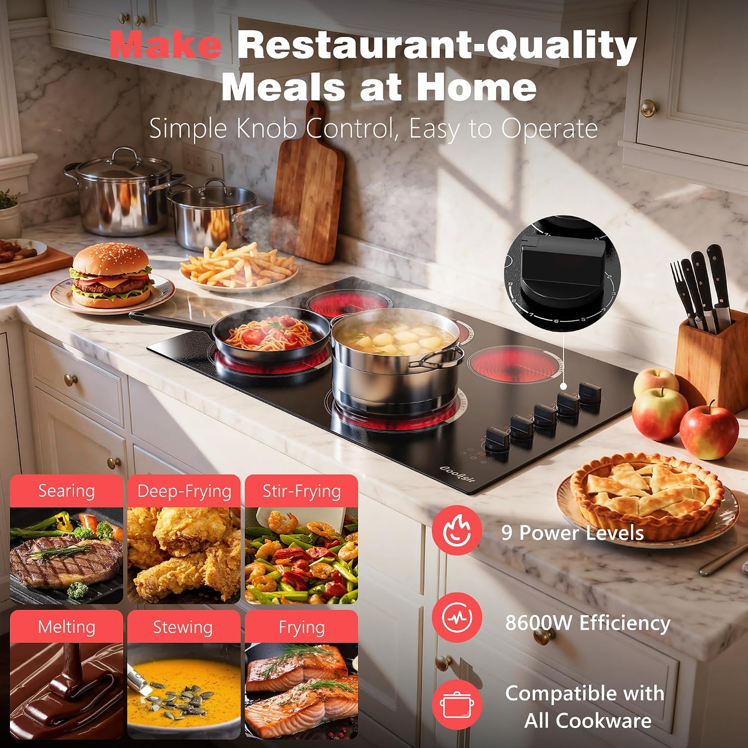 Upgraded 30 Inch Electric Cooktop 5 Burners - Powerful 8600W Built-in(29.13'x19.3') Electrical Stovetop, Electric Burner 30 In Knob Control, 99 MinsTimer, Safety Lock, 220-240V Hard Wire