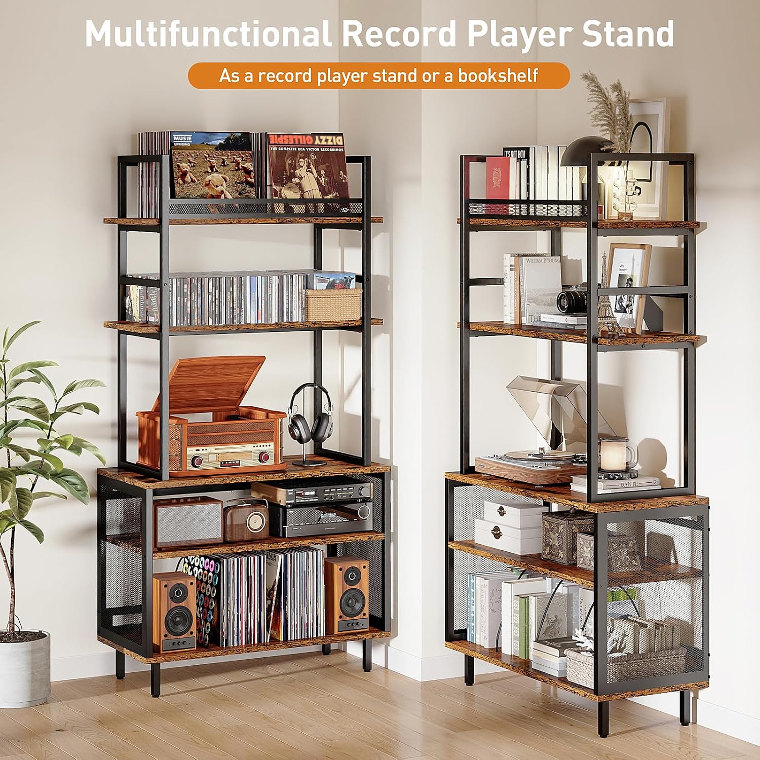ikkle Record Player Stand with Vinyl Storage Shelf, 5-Tier Large Record Player Table with Storage Rack, Turntable Stand Vinyl Record Cabinet Organizer for Living Room Bedroom, Holds Up 400+ Albums