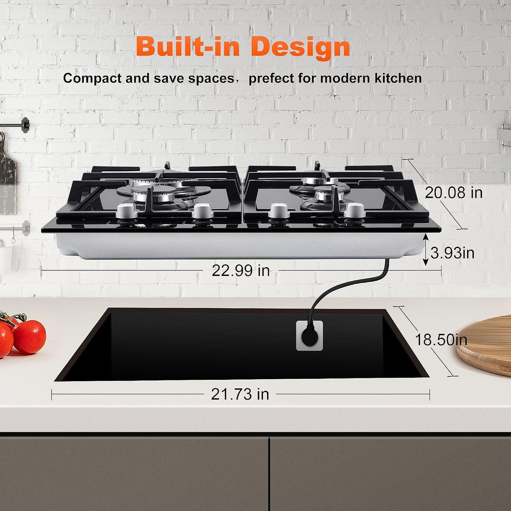 Gas Stove Top 24 Inch, Amzgachfktch Built-in Gas Cooktop 4 Burner, Black Tempered Glass Stove with NG/LPG Conversion Kit, Kitchen Propane Cooktop with Thermocouple Protection