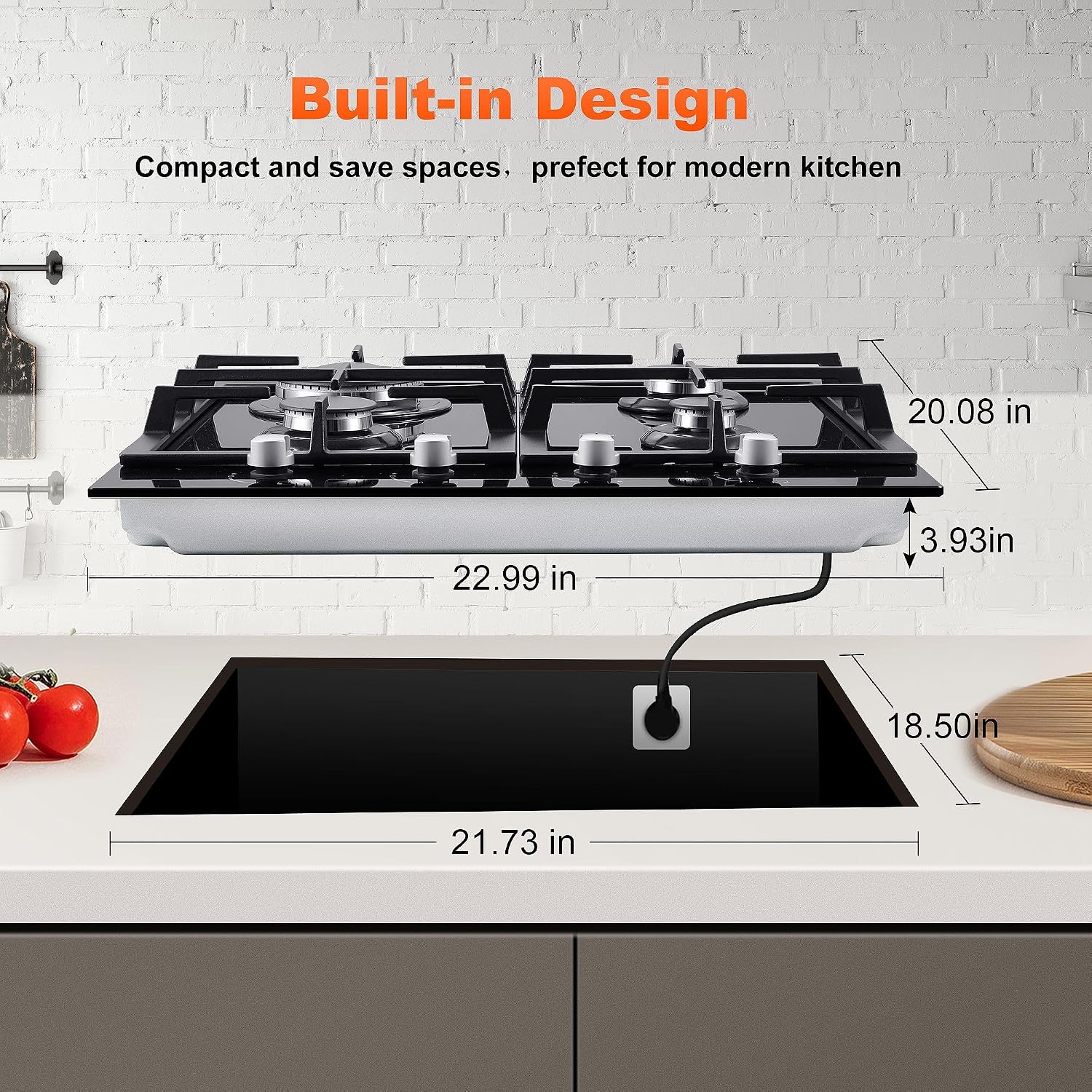 Gas Stove Top 24 Inch, Amzgachfktch Built-in Gas Cooktop 4 Burner, Black Tempered Glass Stove with NG/LPG Conversion Kit, Kitchen Propane Cooktop with Thermocouple Protection