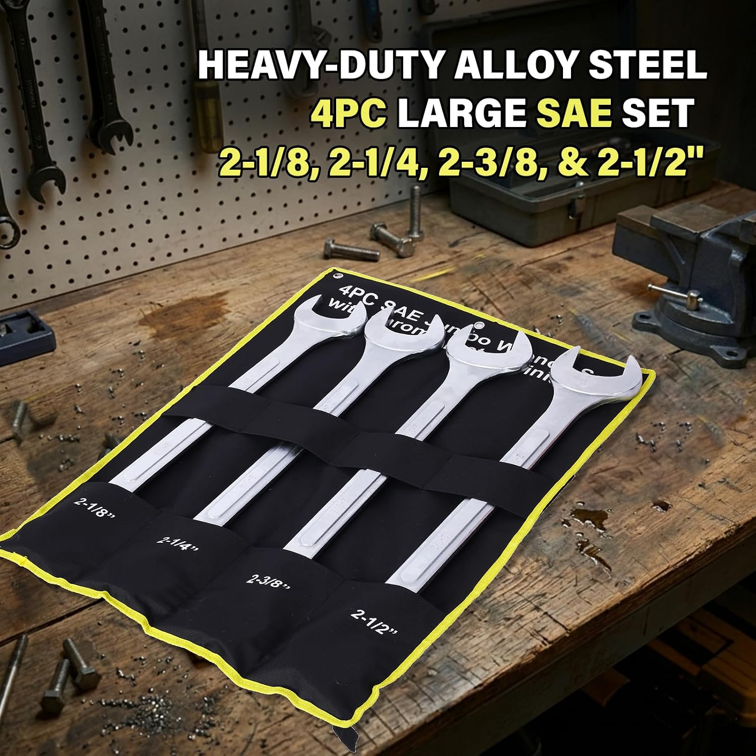 4PC Jumbo Combination Wrench Set, SAE 2-1/8'–2-1/2', Durable Carbon Steel, Chrome Plated Finish for Corrosion Resistance, Includes Storage Bag