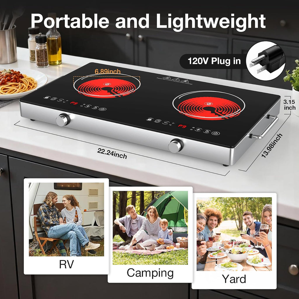 2 Burner Electric Cooktop 110V, 4000W Portable Electric Stove Infrared Hot Plate, 24 inch Countertop Burners with Handle, 3-Hours Timing Setting & Kid Safety Lock, Compatible for All Cookwares