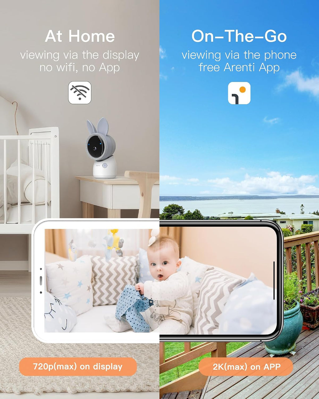 ARENTI Upgraded Baby Monitor with 2 Cameras, 4MP 2.4G&5G WiFi Baby Camera Monitor, Infrared Night Vision, Night Light, 2-Way Audio, Cry&Motion Detection, Temp&Humidity Sensor, App Control