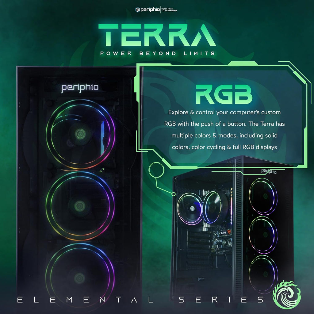 Periphio Terra Gaming PC, AMD Ryzen 5 5600GT up to 4.6GHz with Radeon Vega 7 Graphics, 16GB RAM, 1TBNVMe SSD, WiFi, Windows 11 Desktop Computer, Black, 1080p PC Gaming - RGB Gamer Bundle, No Monitor
