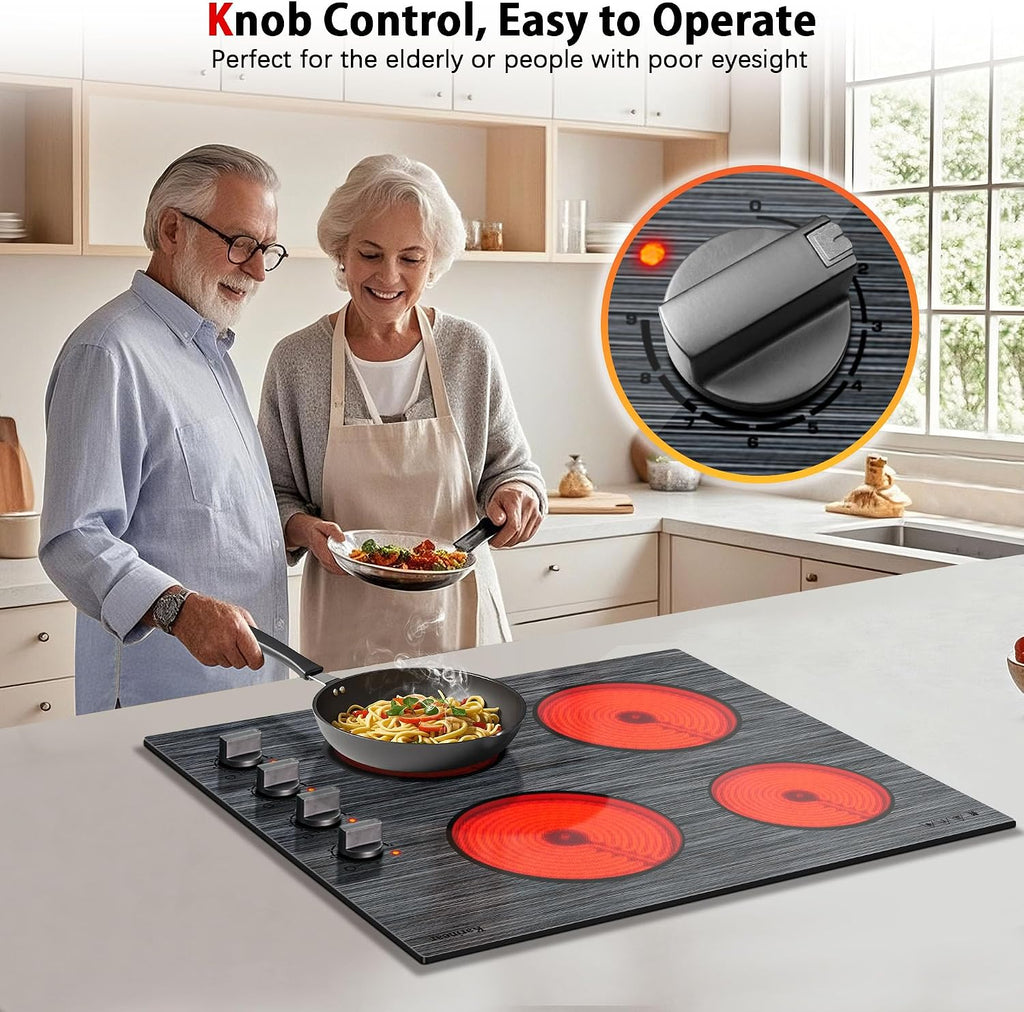 Karinear Electric Cooktop 24 Inch, 4 Burners Electric Stove Knob Control, Built-in Ceramic Cooktop with Beautiful Woodgrain Pattern Glass Surface, 6000W, 220-240v Hard Wired(No Plug)