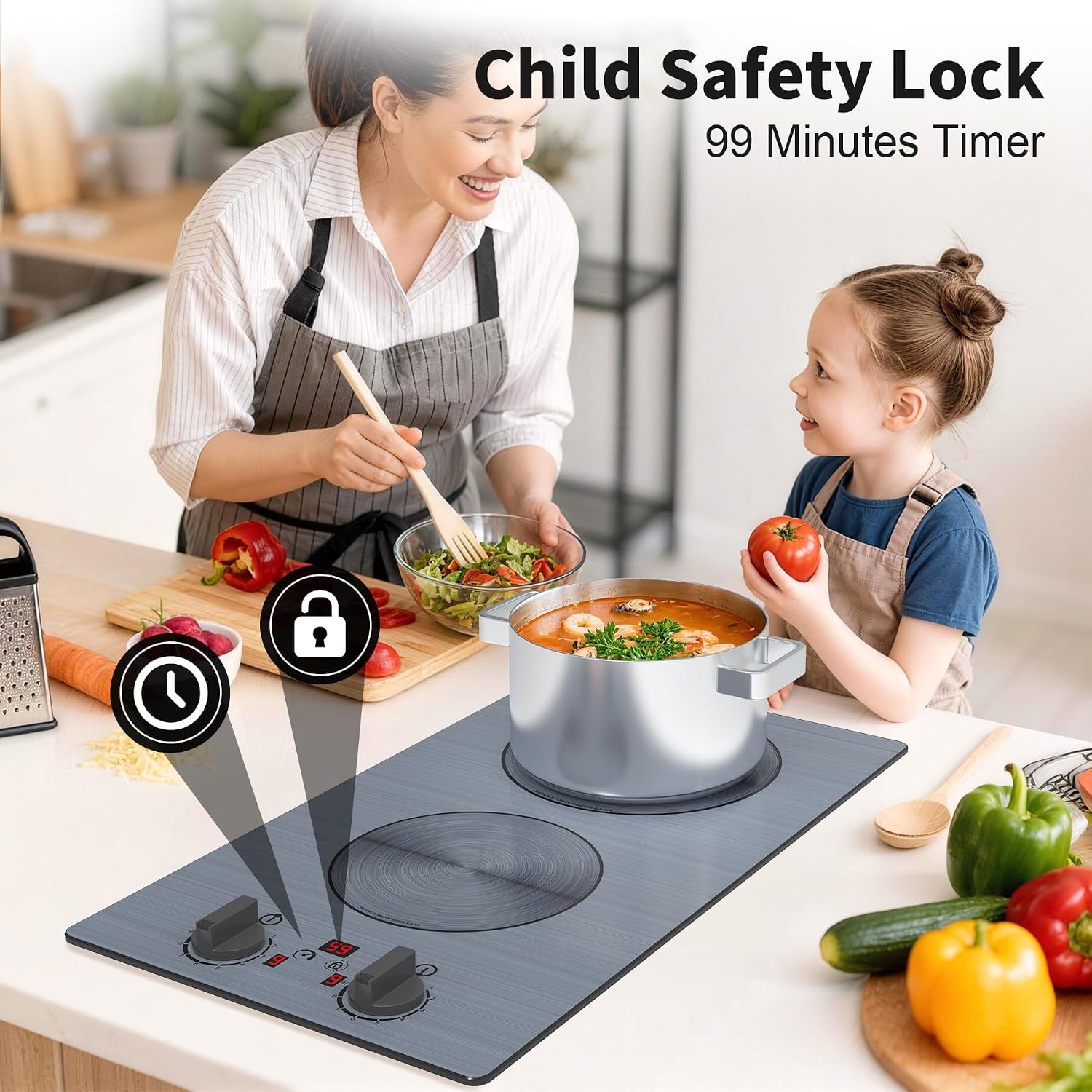 GlHETKUT Induction Cooktop,110V 2300W double burner hot plate with LED Touch Screen,9 Power Levels,Kids Lock & Timer,knob and touch control 2 burner induction cooktop