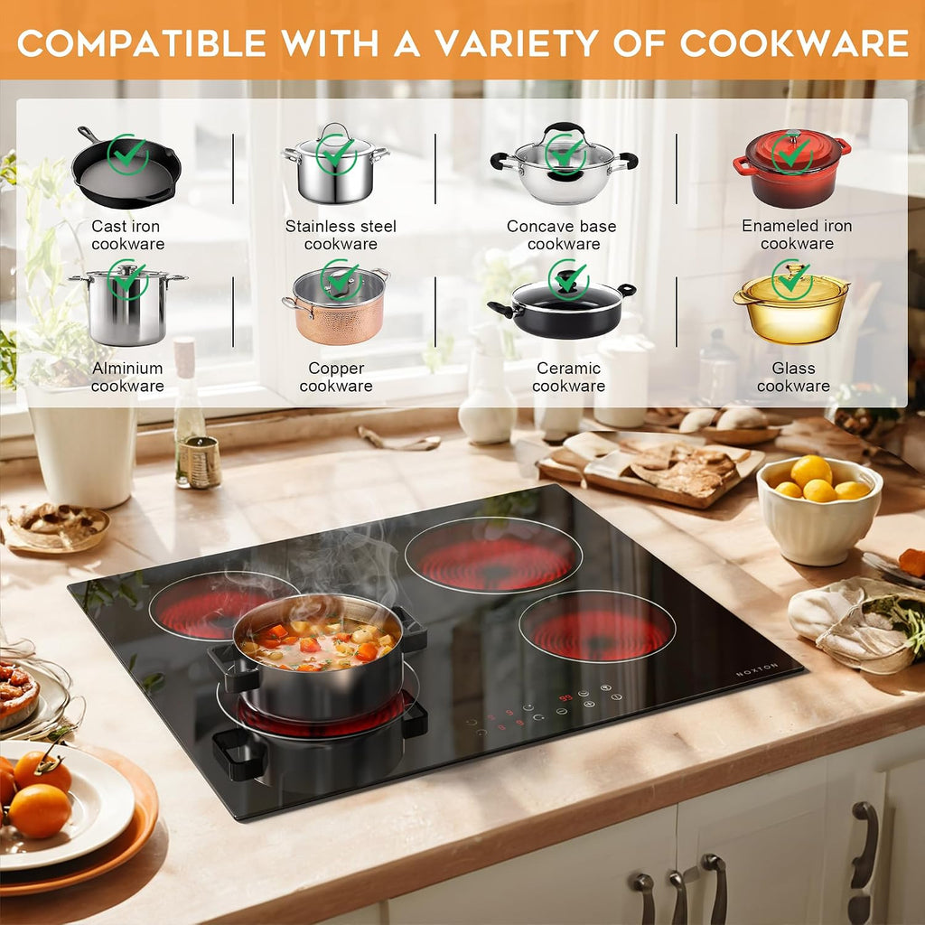 Noxton 24 Inch Electric Cooktop 4 Burners, Built in Electric stove top, Sensor Touch Ceramic Cooktop with Safety Lock, Timer, 6000W 220~240V (No Plug)