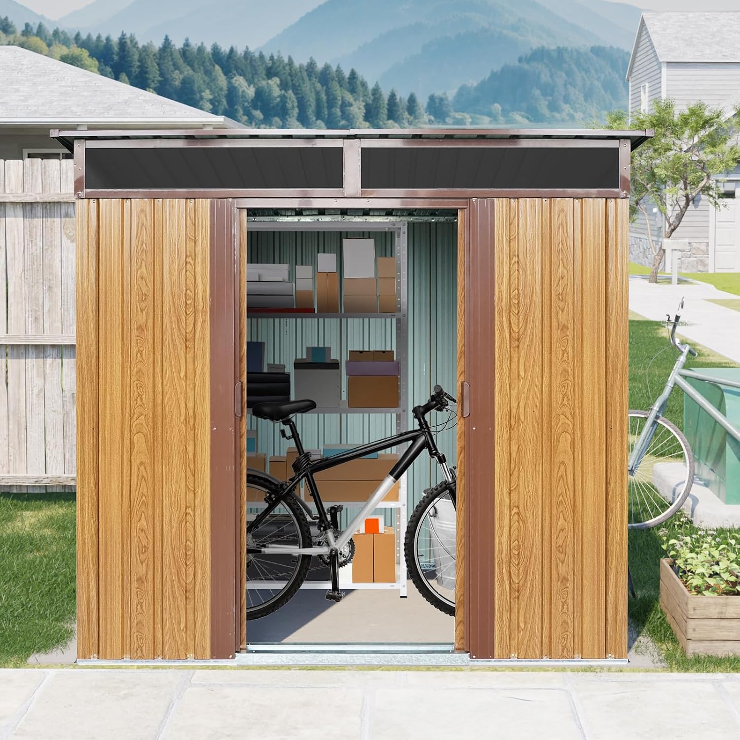 6x5 FT Outdoor Storage Shed, Metal Garden Shed with Frame Floor, Outside Tool Shed with Lockable Sliding Doors, Waterproof Storage Building with Sloped Roof for Backyard, Patio, Lawn, Coffee
