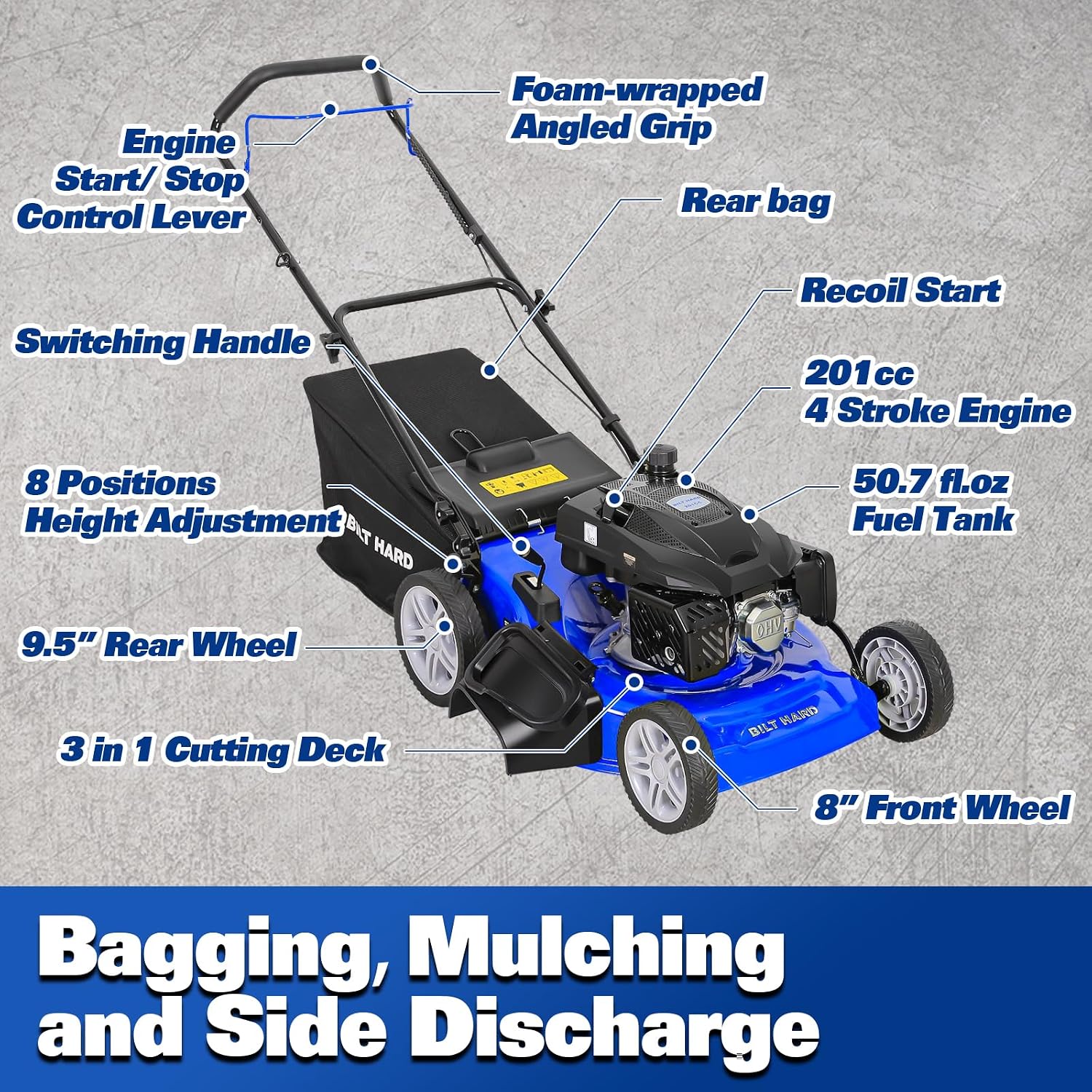 BILT HARD 21 Inch Lawn Mower Gas Powered, 4-Cycle 201cc Engine, 3-in-1 Push Lawnmower with Bagging, Mulching & Side Discharge, Adjustable 8-Positions Cutting Height, Easy Start