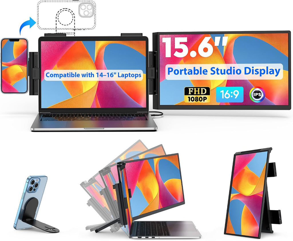 HONGO Portable Studio Display 15.6' FHD IPS 1080P Monitor — Laptop Screen Extender & Phone/Pad Mount for 14–16' Laptops, Turn Phone into Webcam + Keyboard Control (Third‑Party App Required)