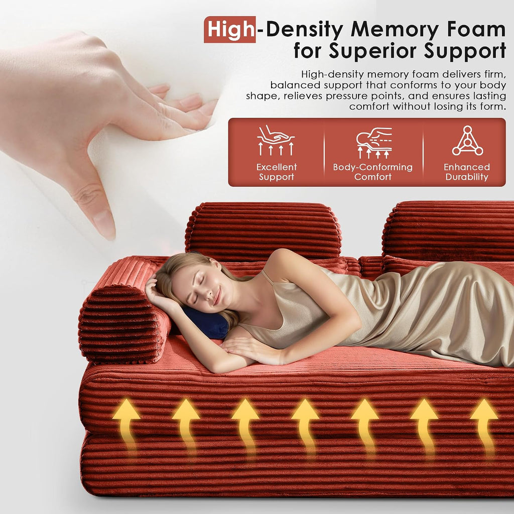 Convertible Sleeper Sofa Bed, 78.5' Corduroy Foldable Loveseat Sofa, Queen to King Size Boneless Couch Bed for Living Room | No Assembly Required | Memory Foam | Compression Sofa, Orange