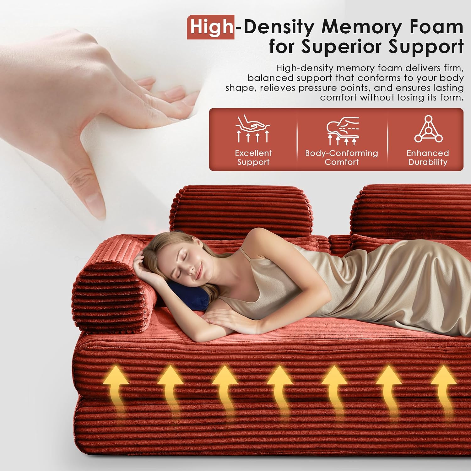 Convertible Sleeper Sofa Bed, 78.5' Corduroy Foldable Loveseat Sofa, Queen to King Size Boneless Couch Bed for Living Room | No Assembly Required | Memory Foam | Compression Sofa, Orange