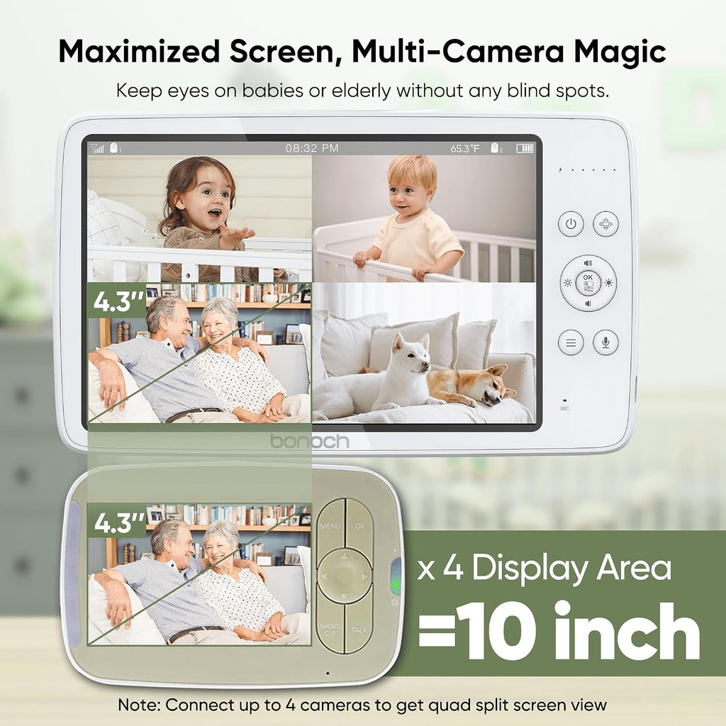 bonoch MegaView Baby Monitor No WiFi, 10' 720p Video Baby Montior with Camera and Audio, Up to Quad Split Screen, 10000mAh Battery, VOX Mode, Remote PTZ, Night Vision, for Multi-Child, Pets, Elderly