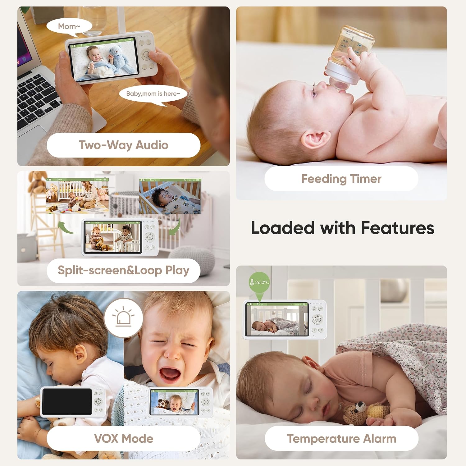 bonoch 2K 5.5' Baby Monitor No WiFi, 1600ft Long Range Video Baby Monitor with Camera and Audio, 240h Battery, White Noise, Hack-Proof, Night Vision, Smart Detect for Cry/Sleep Turnover/Motion