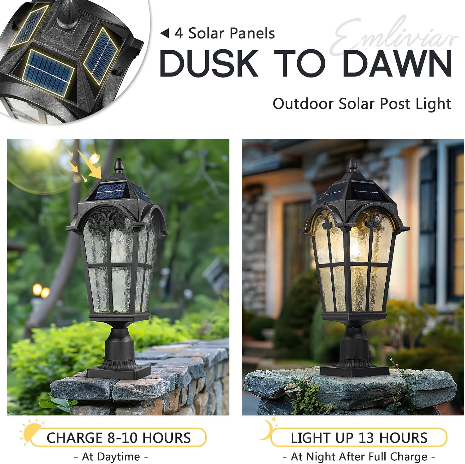 Emliviar Outdoor Solar Lamp Post Light in Black Finish, 22.1' Large Outdoor Lighting with Water Grain Glass Shade for Patio, Vintage Post Lantern LED Bulb Included with Remote Control, YXE302MP-SL BK