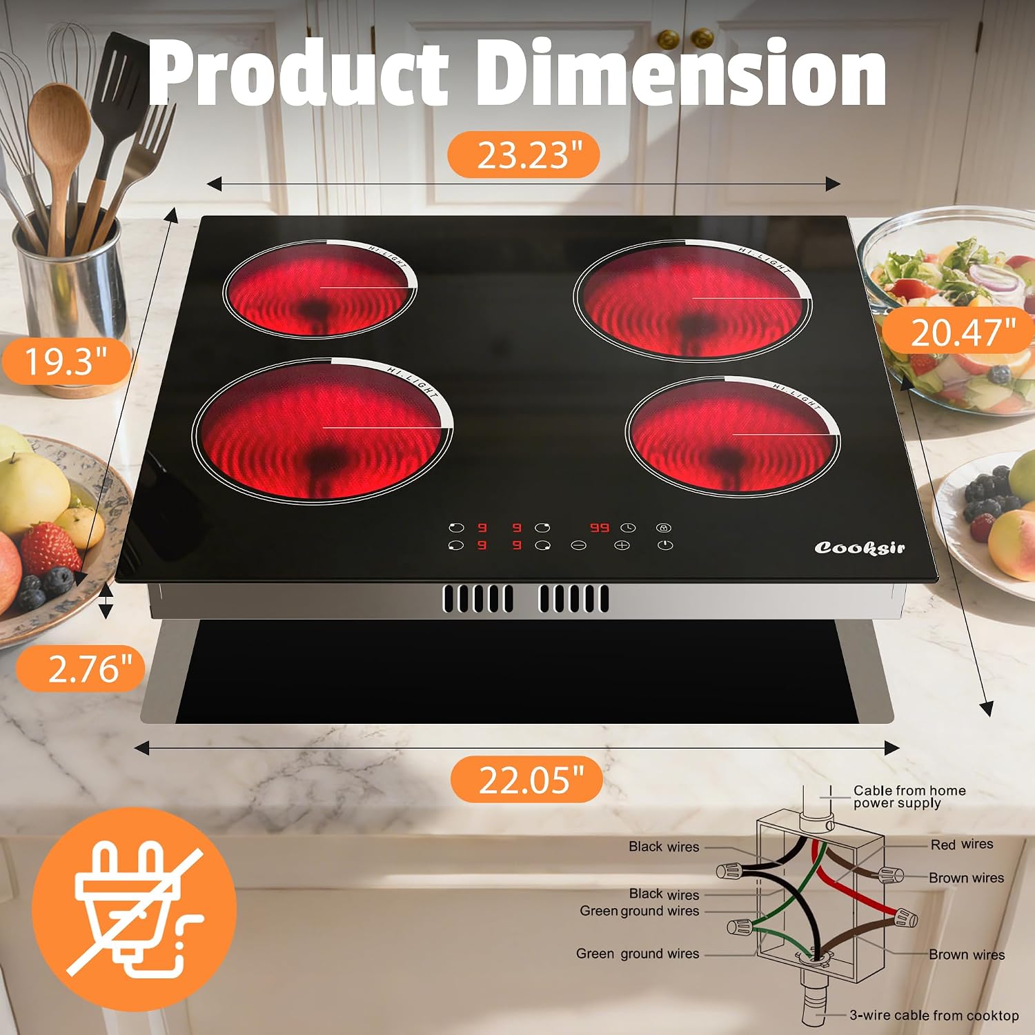 Electric Cooktop 24 Inch, 4 Burner Electric Stove Top Drop-in(22.05'x19.3') 220V-240V, 24 Inch large Ceramic Stovetop with Ceramic Glass, Timer, Kids Safety Lock, 220V Hard Wired (No Plug)