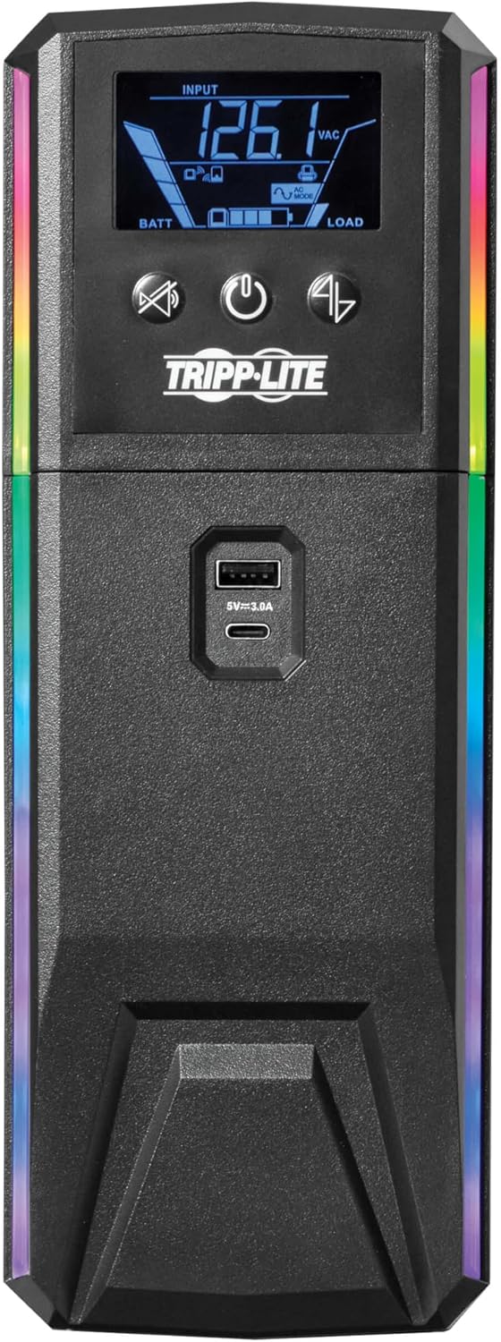 Tripp Lite Pure Sine Wave Gaming UPS Battery Backup, 600VA 360W 120V, Detachable LCD, Automatic Voltage Regulation, USB, RGB LED Lights, 3-Year Warranty & $250K Insurance (SMART600PSGLCD)