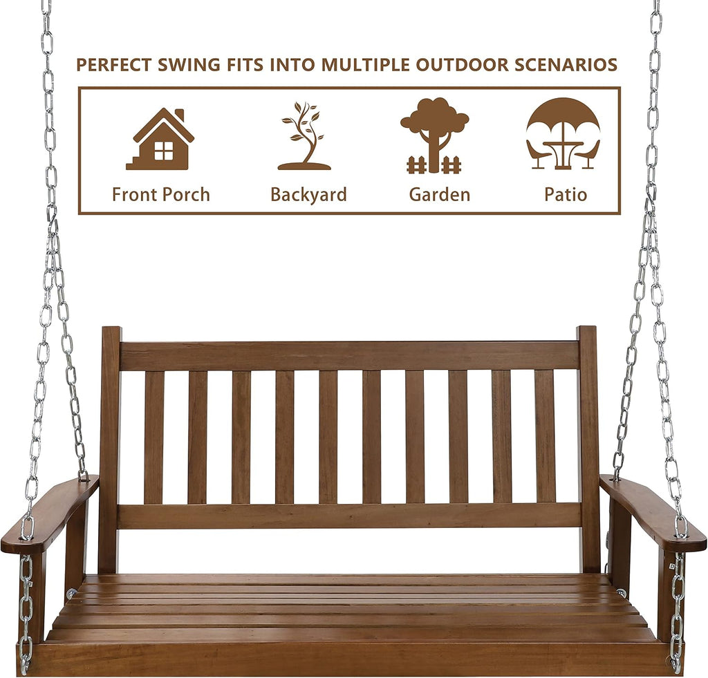MUPATER Outdoor Patio Hanging Wooden Porch Swing 4FT with Chains, 2-Person Heavy Duty Swing Bench for Garden and Backyard, Wood Brown