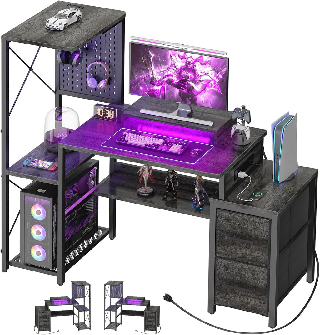 Small Gaming Desk with 2 Fabric Drawers - Reversible Computer Desk with Power Outlet & LED Lights, 49' Office Desk with Monitor Stand & Storage Shelves, Writing Study Table with Pegboard, Grey Oak