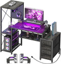 Small Gaming Desk with 2 Fabric Drawers - Reversible Computer Desk with Power Outlet & LED Lights, 49' Office Desk with Monitor Stand & Storage Shelves, Writing Study Table with Pegboard, Grey Oak
