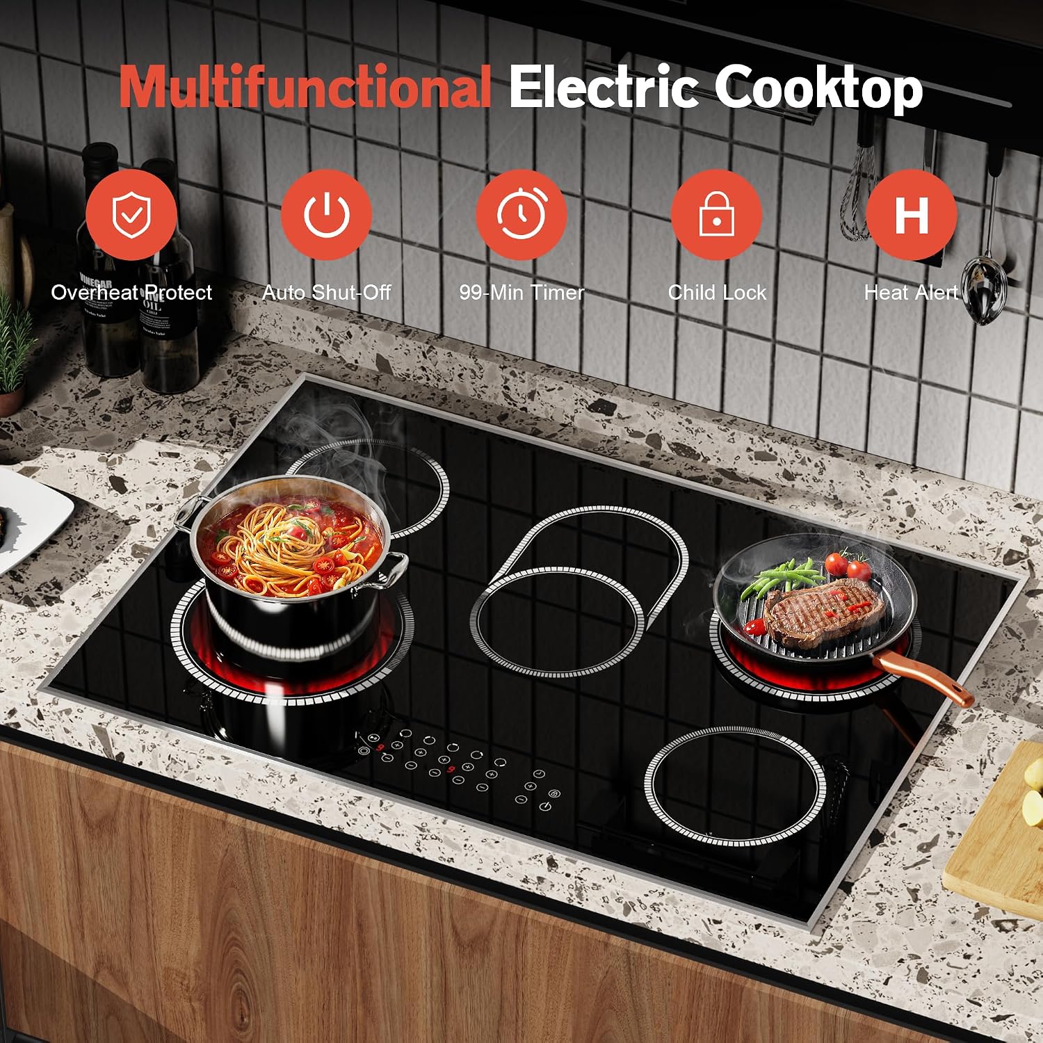 30 Inch Electric Cooktop, 5 Burner Electric Stove Top Touch Control, 8400W Built-in Ceramic Stovetop Burner 30' with Expandable Zone, Child Lock, Timer, Overheat Alert, 220-240v Hardwired