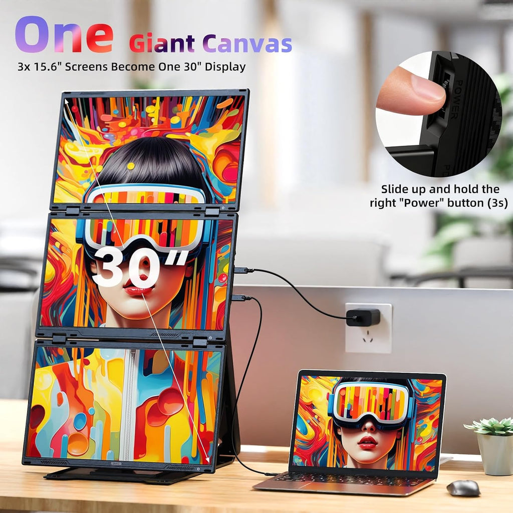 Quad Laptop Screen Extender, 15.6' FHD 1080P Quad Monitor, Combine into One 30' Screen (Landscape/Portrait), Just 1 Cable for 3 Screens, Driver Required, Compatible with Wins & Mac(M1/M2/ M3/M4/M5)