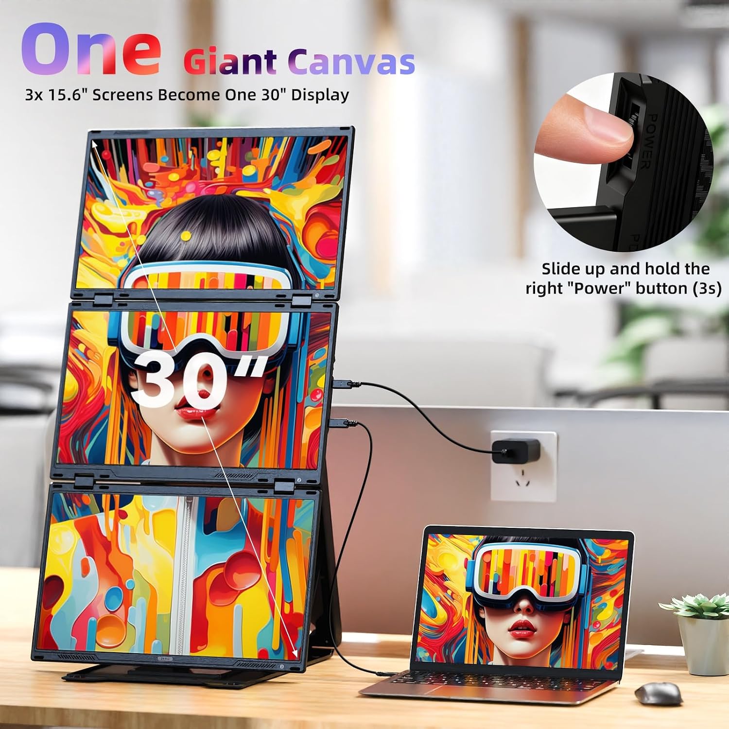 Quad Laptop Screen Extender, 15.6' FHD 1080P Quad Monitor, Combine into One 30' Screen (Landscape/Portrait), Just 1 Cable for 3 Screens, Driver Required, Compatible with Wins & Mac(M1/M2/ M3/M4/M5)