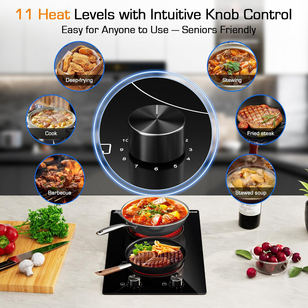 12 Inch 2 Burner Electric Cooktop, 1600W Ceramic Electric Stove Top, 110-120V Plug-in Radiant Countertop & Built-in Cooktop, 11 Heat Levels, Knob Control, Residual Heat Indicator