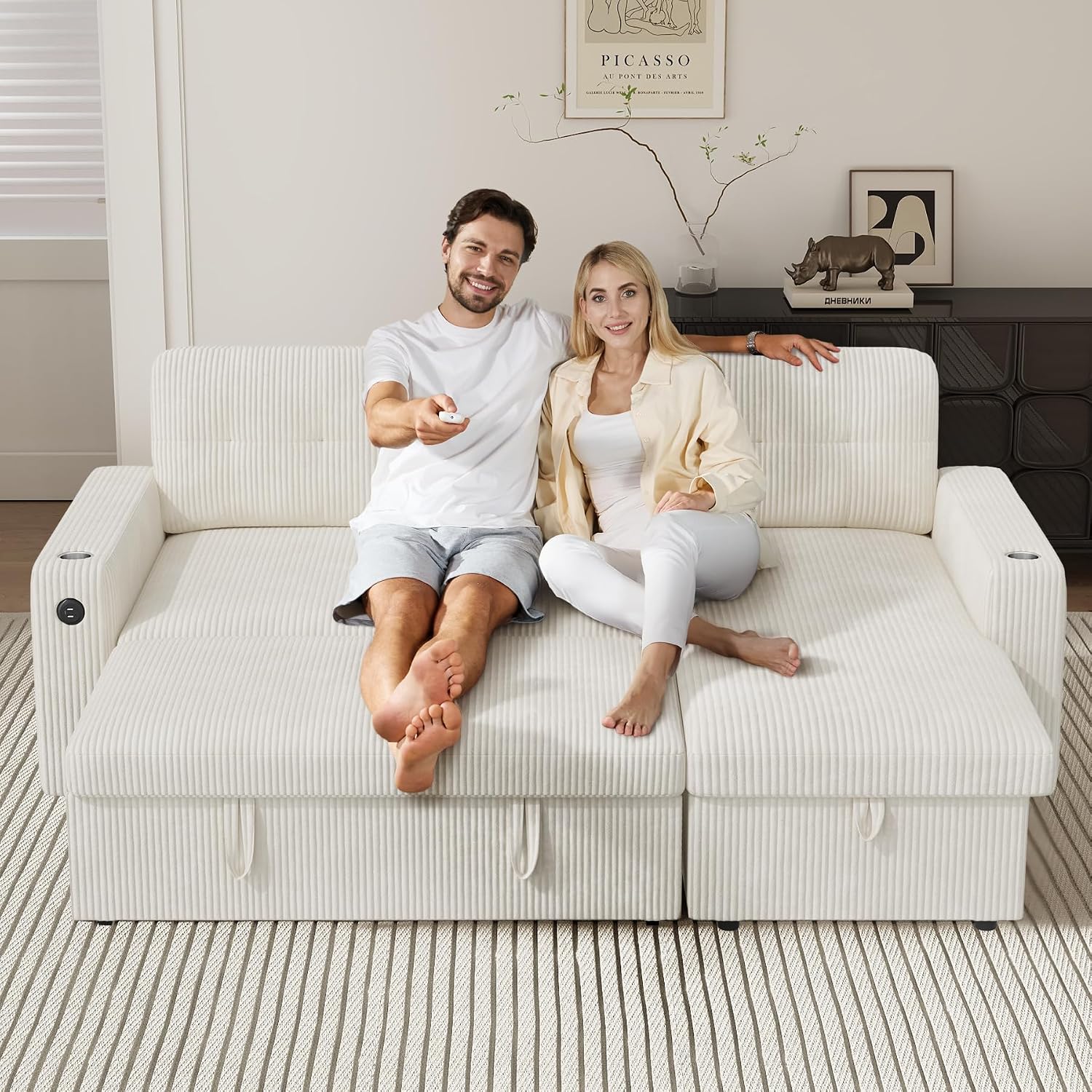 Luxanimarion 83'' Pull Out Sofa Bed, 2 in 1 Convertible Sleeper Sofa Couch with Storage Chaise & USB Charging, Comfy Corduroy Modular Couches for Living Room Apartment,Beige 1 PCS