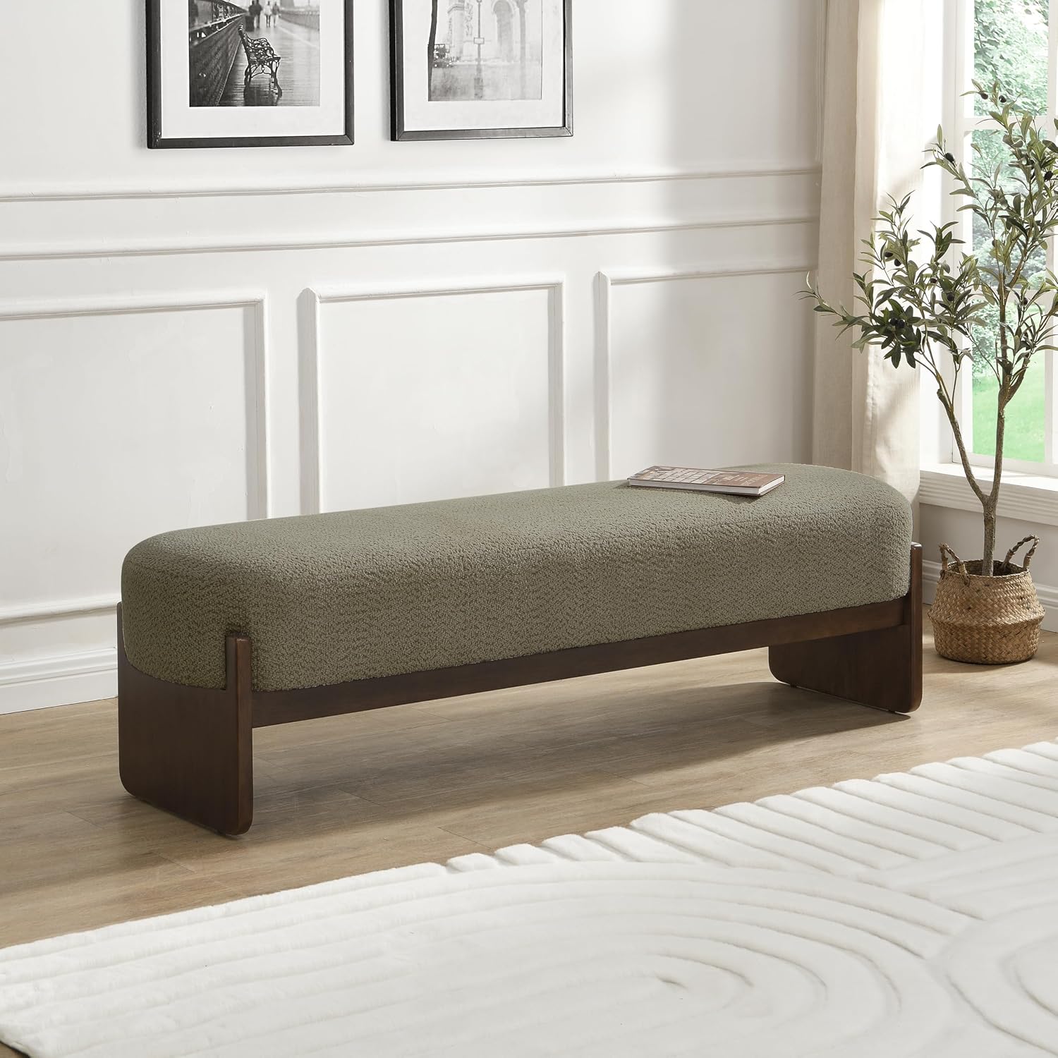 Christopher Knight Home Arden Minimalist Loop Yarn Fabric Dining Bench, Wooden Entryway Ottoman Bench, Modern Living Room Sofa Ottoman Footrest, Bedroom End of Bed Bench, Dark Green+Brown