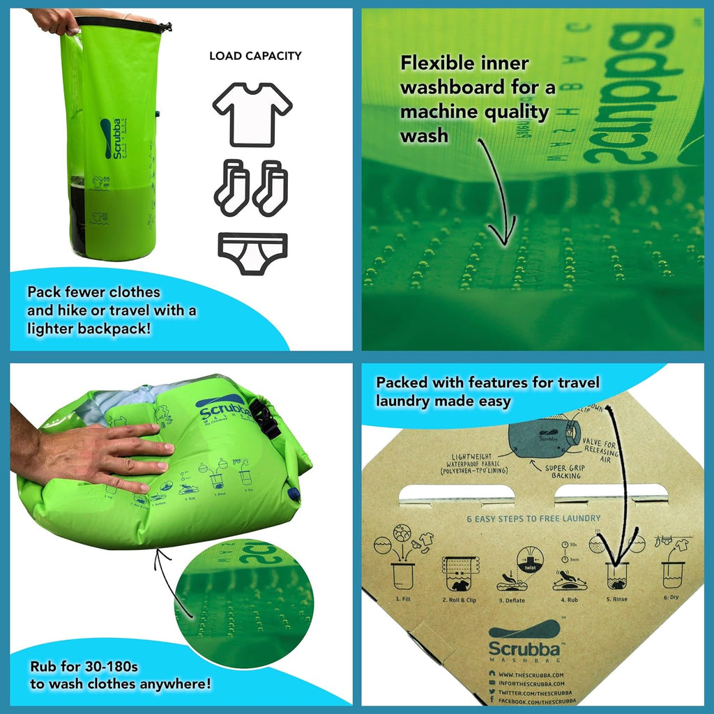 Scrubba Portable Wash Bag Untouched Kit (5 Pieces) – White Undyed, Unbleached, Hand Washing Machine System for Hotel, Hiking & Travel Wash – Light and Small Eco-friendly Camping Washer and Dryer