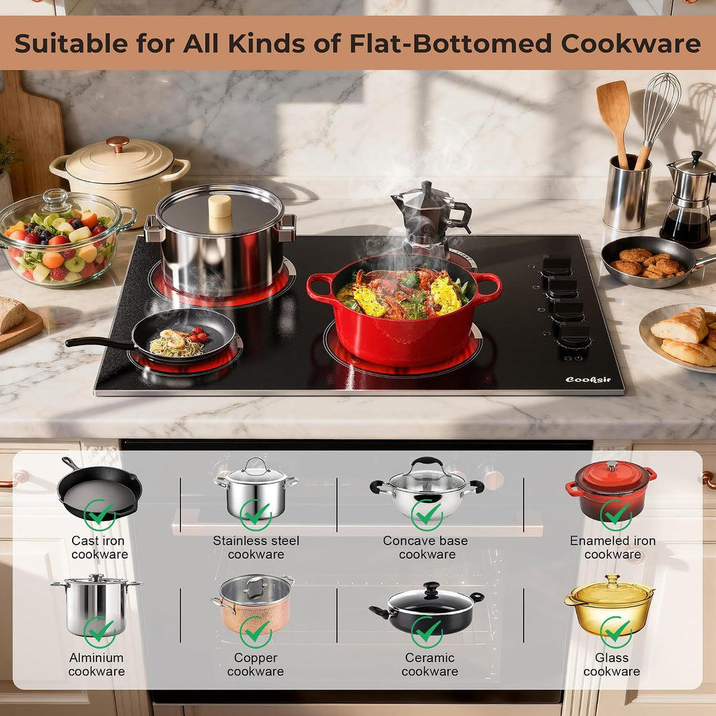 Electric Cooktop 30 Inch - 4 Burner Built-in(29.13'x19.3') Electrical Stovetop 7400W, 30 In Radiant Electric Stove with Glass Protection Metal Frame, Auto Shut Off, 220-240V Hard Wired