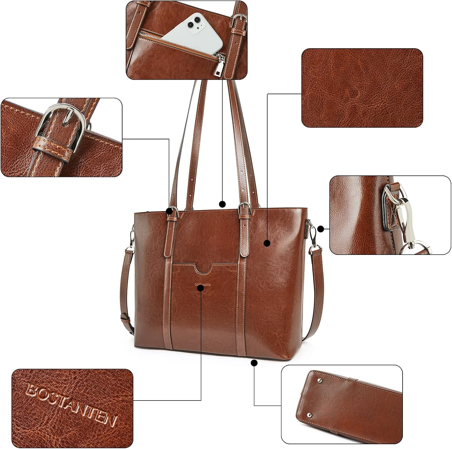 BOSTANTEN Leather Laptop Bag Work Tote for Women Shoulder Handbag Briefcase 15.6 inch Satchel Computer Bag