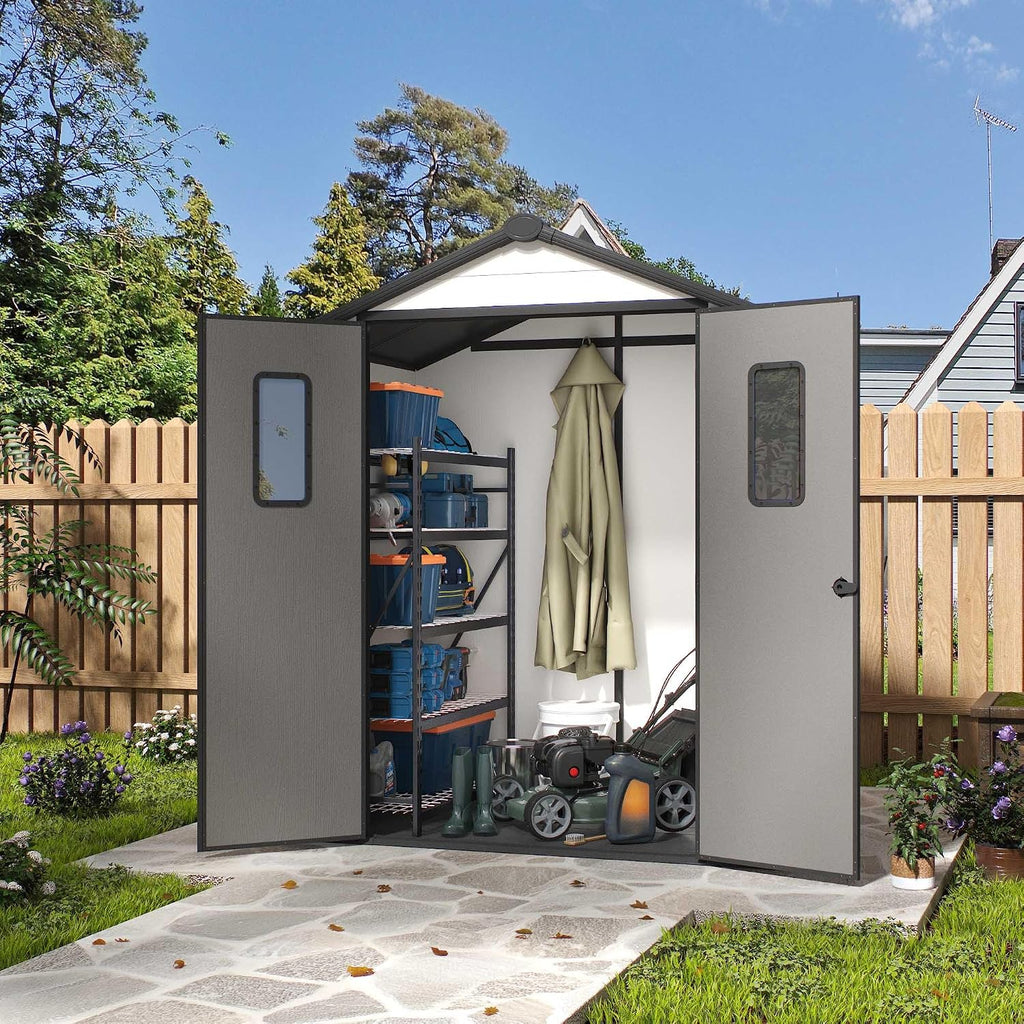 6x4 FT Resin Storage Shed, Featuring 0.6' Thick Panels, Weatherproof Outdoor Tool Shed with Floor for Garden, Lawn, Backyard