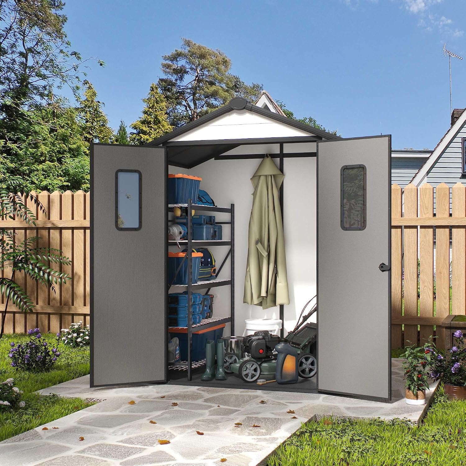 6x4 FT Resin Storage Shed, Featuring 0.6' Thick Panels, Weatherproof Outdoor Tool Shed with Floor for Garden, Lawn, Backyard