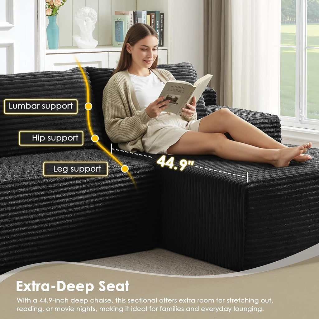 Modular Sectional Sofa Couches, 96' L-Shaped Cloud Boneless Couch with Right Chaise Lounge & Side Pockets for Living Room | No Assembly Required | Corduroy Fabric, Black